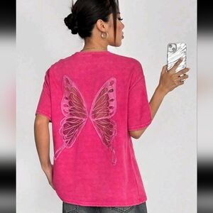 SHEIN Bright Pink Cutout Back Butterfly Short Sleeve Tee Shirt Top
